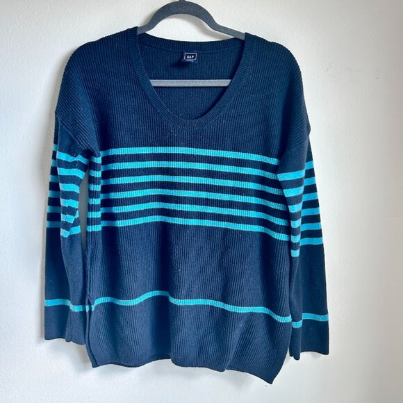 GAP Navy Blue and Aqua Stripe Wool Blend Sweater - Size Large Tall - Picture 1 of 4